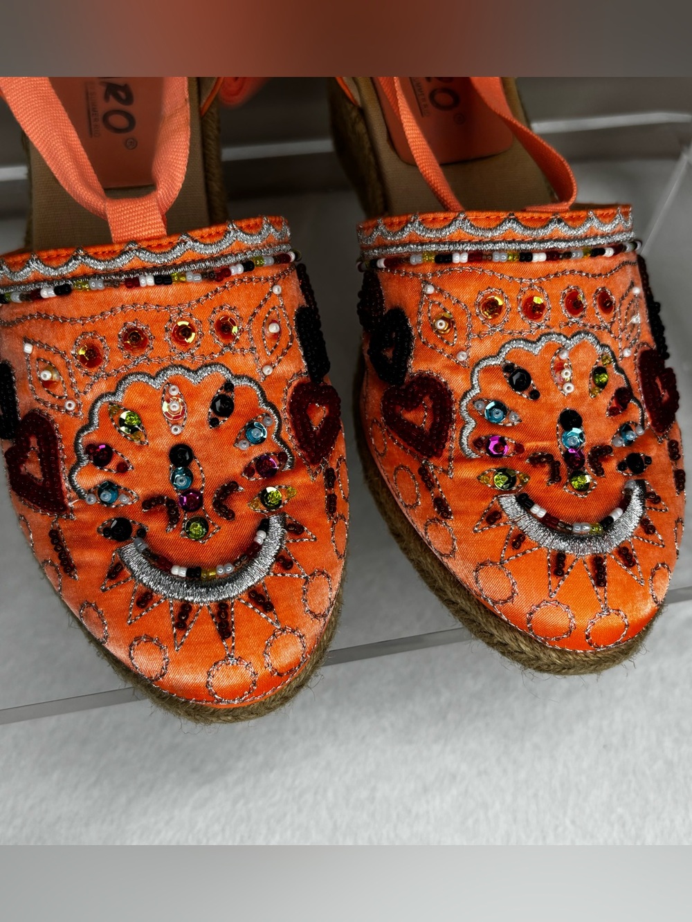 Orange Embellished Wedge Espadrilles
